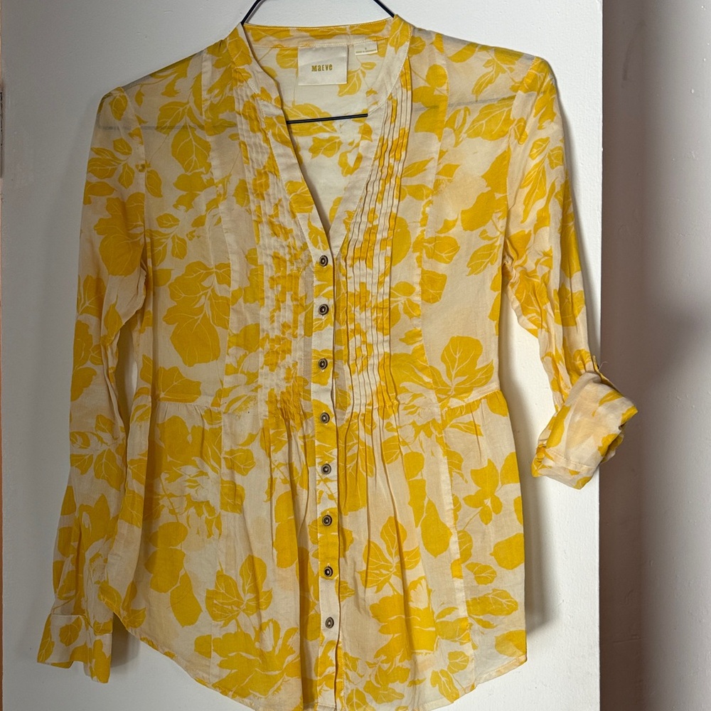Anthropologie Maeve Yellow Floral print Pintuck Blouse Long Sleeve S